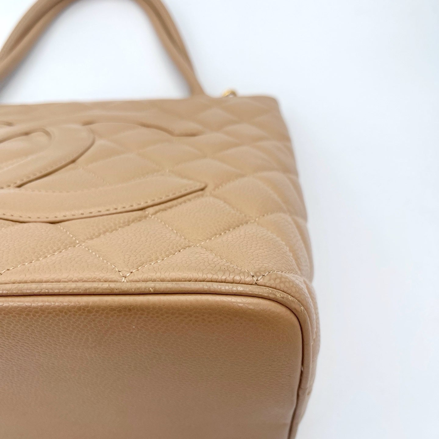 Chanel Beige Caviar Leather Medallion Tote Bag Gold Hardware [Used]