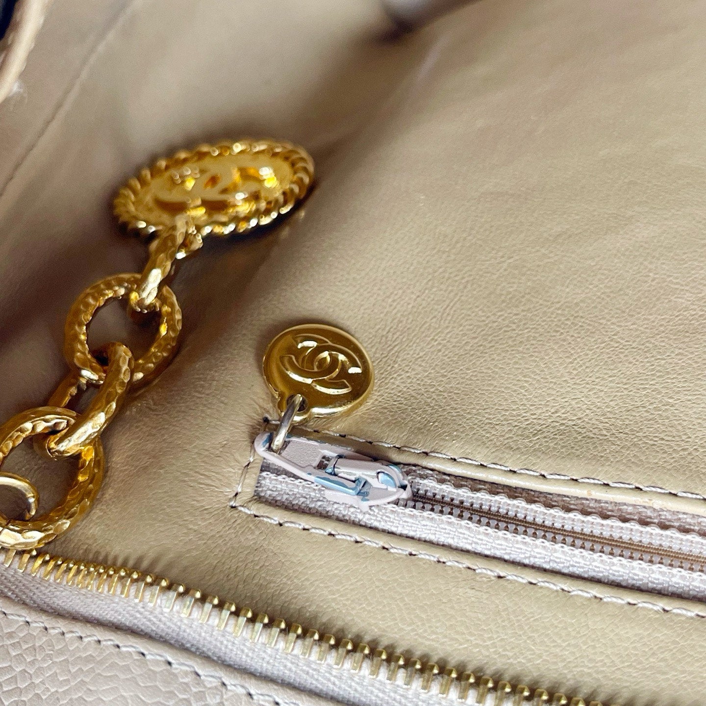 Chanel Beige Caviar Leather Medallion Tote Bag Gold Hardware [Used]