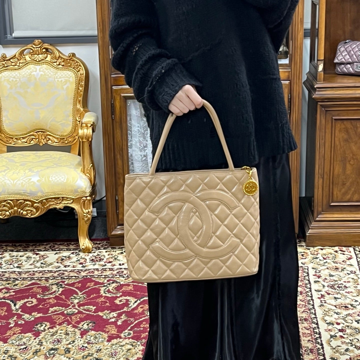 Chanel Beige Caviar Leather Medallion Tote Bag Gold Hardware [Used]
