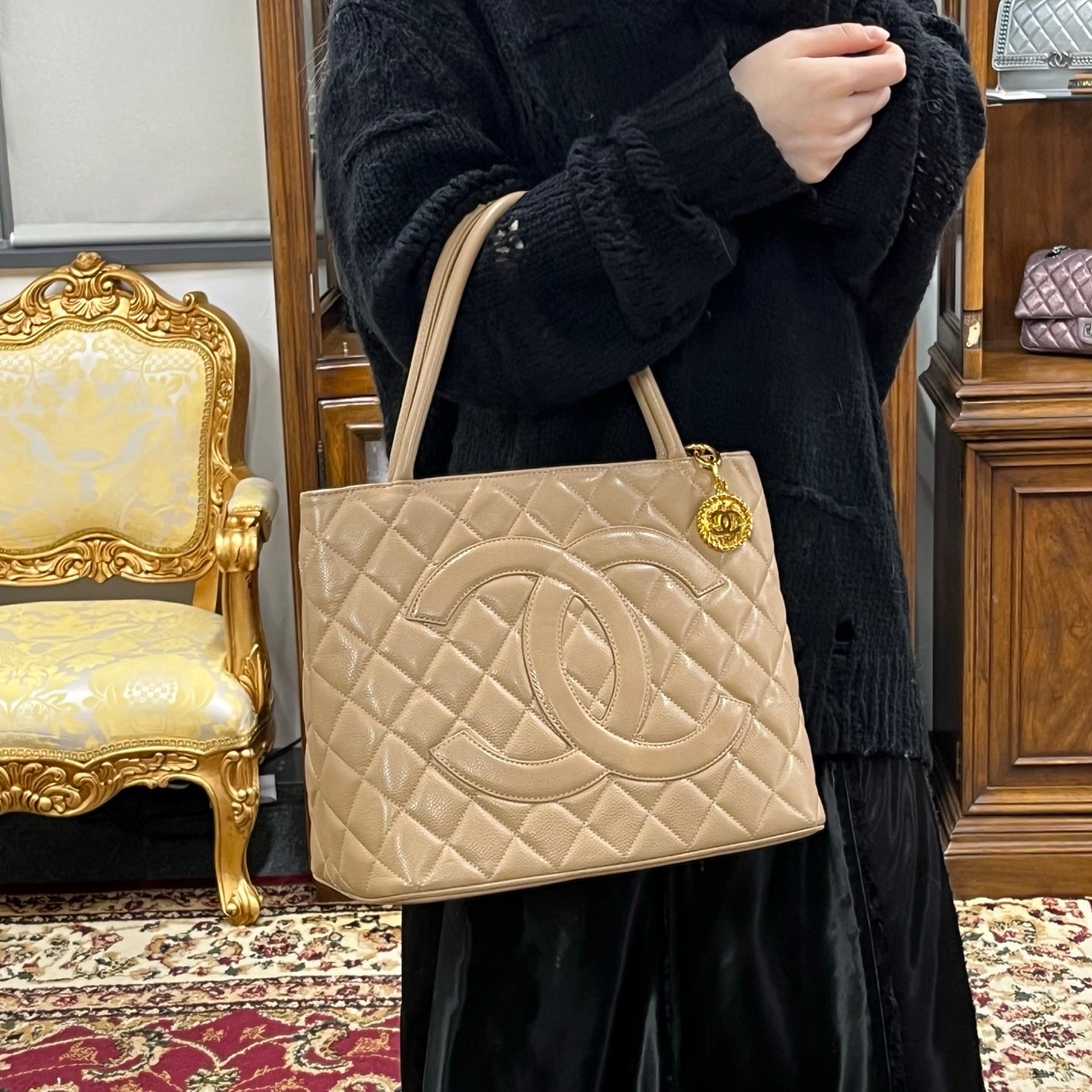 Chanel Beige Caviar Leather Medallion Tote Bag Gold Hardware [Used]