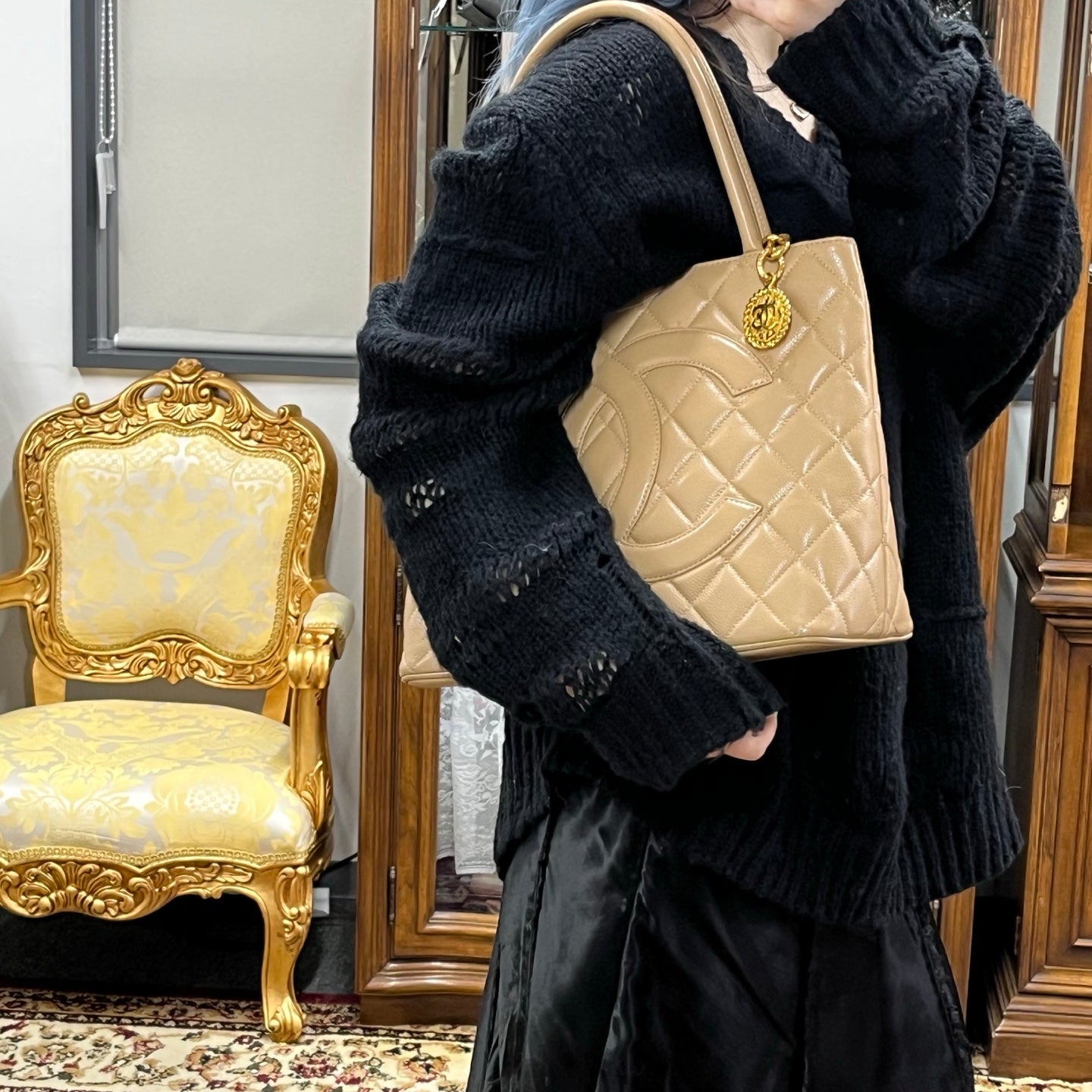 Chanel Beige Caviar Leather Medallion Tote Bag Gold Hardware [Used]