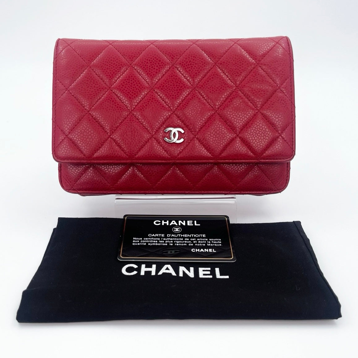 Chanel Red Caviar Leather WOC Chain Wallet Silver Hardware [Used]