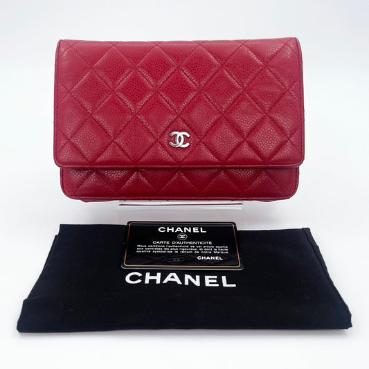 Chanel Red Caviar Leather WOC Chain Wallet Silver Hardware [Used]