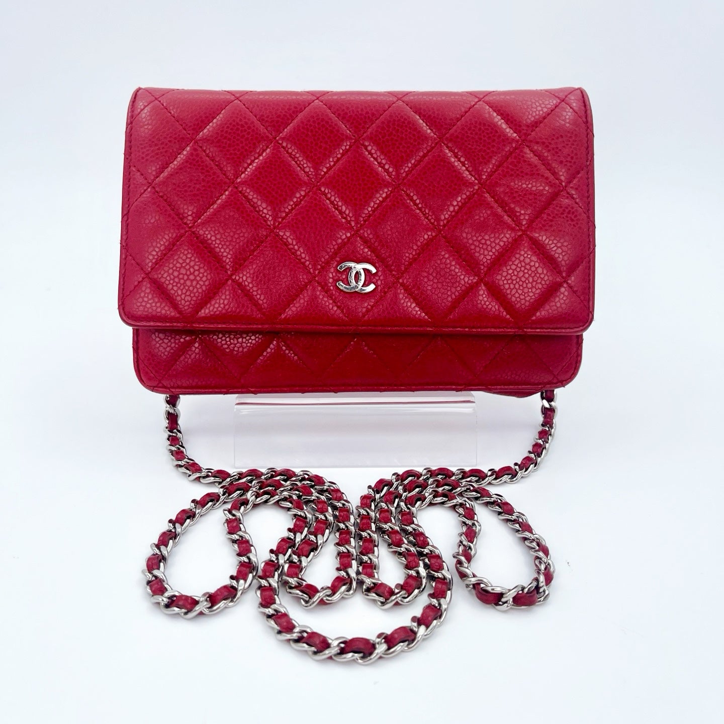 Chanel Red Caviar Leather WOC Chain Wallet Silver Hardware [Used]