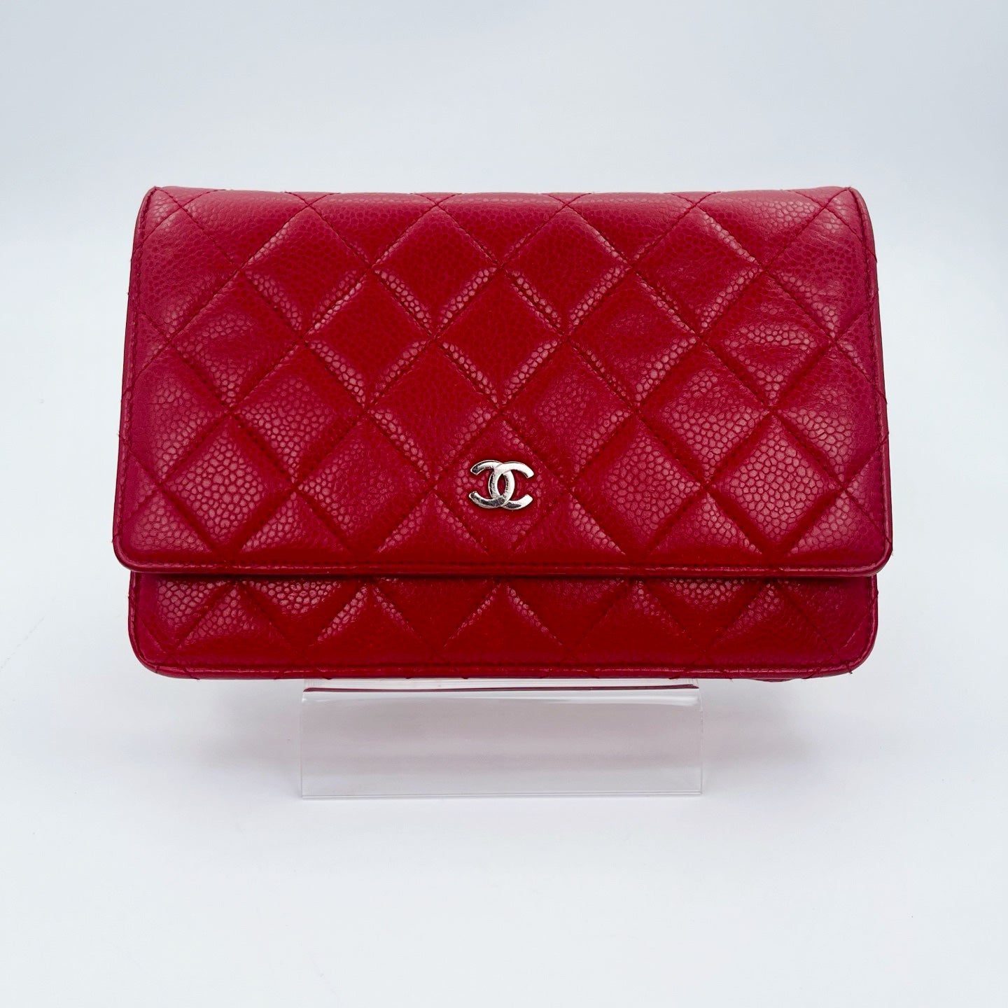 Chanel Red Caviar Leather WOC Chain Wallet Silver Hardware [Used]