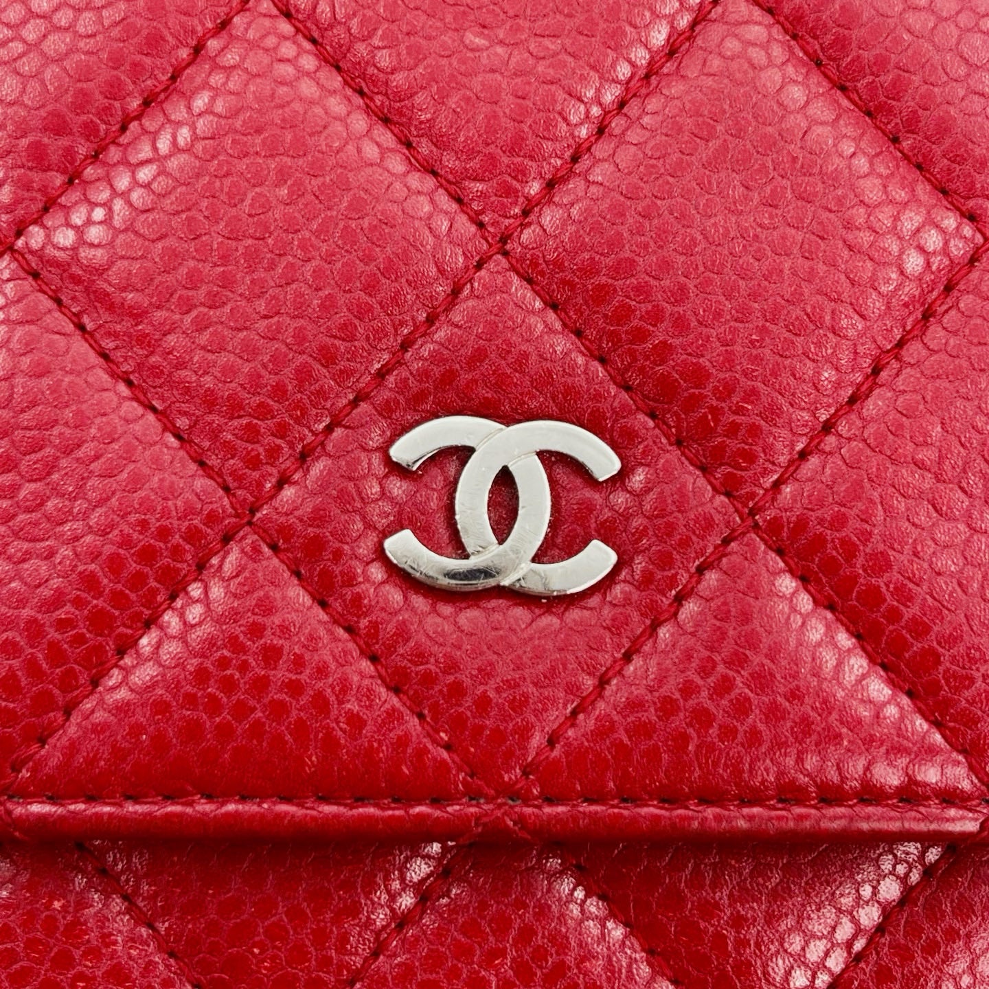 Chanel Red Caviar Leather WOC Chain Wallet Silver Hardware [Used]