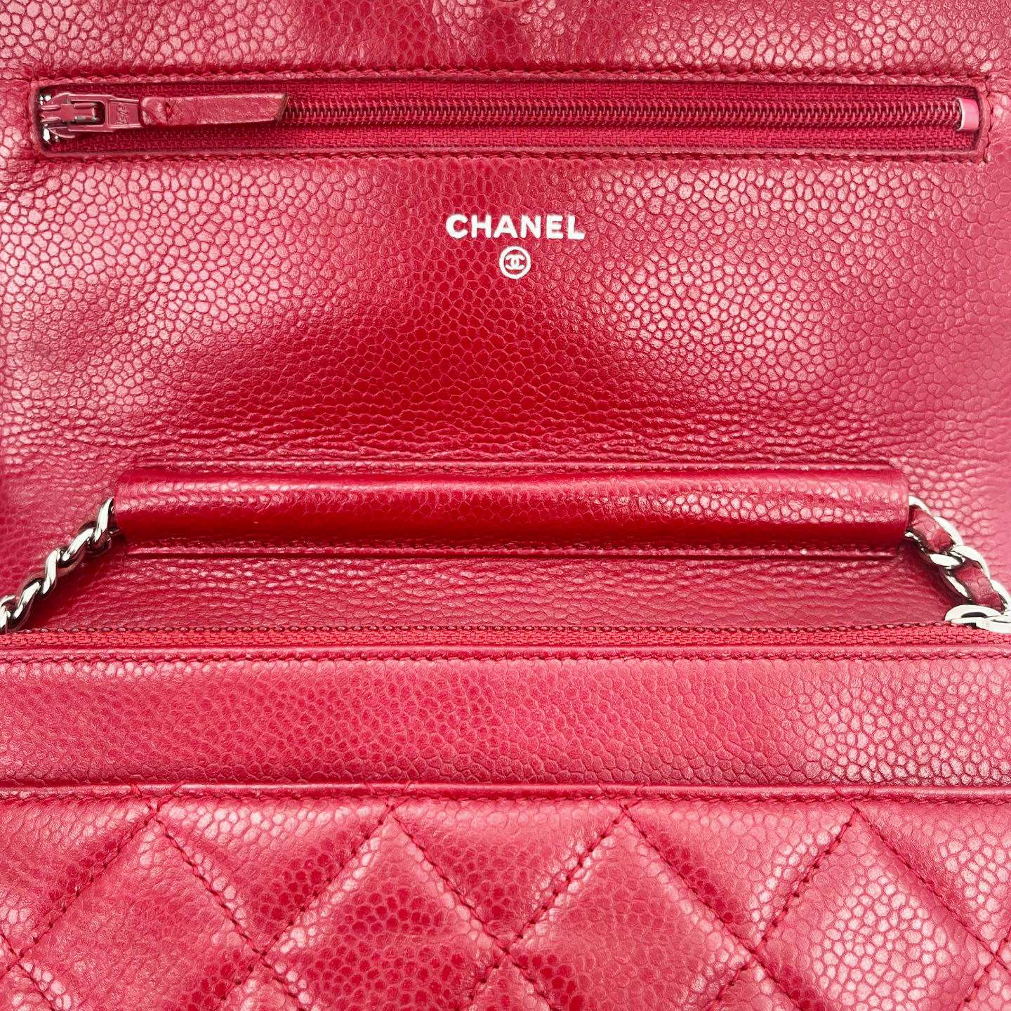 Chanel Red Caviar Leather WOC Chain Wallet Silver Hardware [Used]