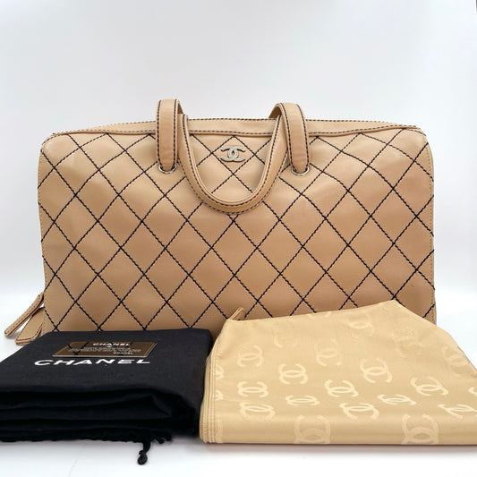 Chanel Beige Quilted Leather Contrast Stitch Boston Travel Bag [Used]