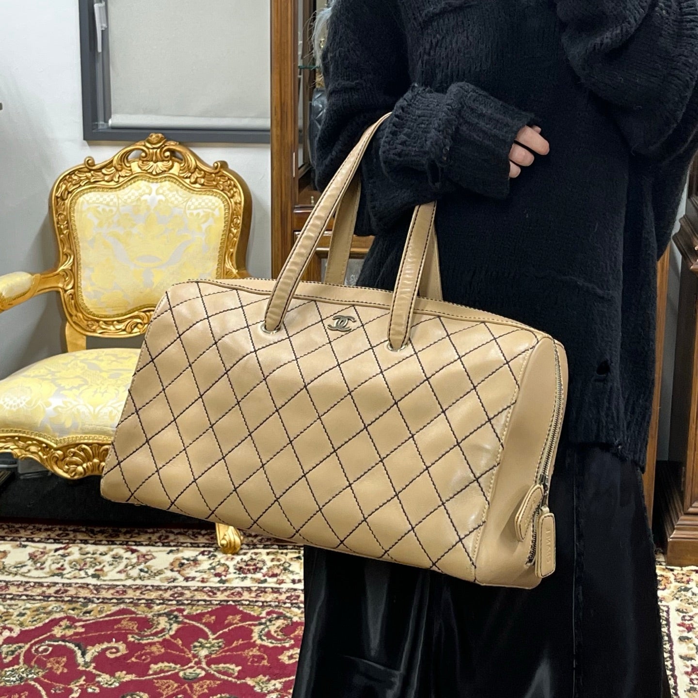Chanel Beige Quilted Leather Contrast Stitch Boston Travel Bag [Used]