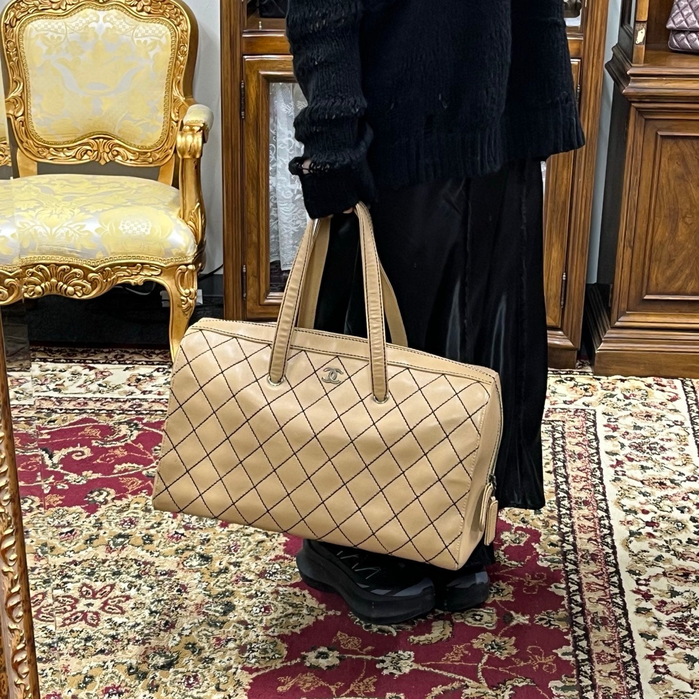 Chanel Beige Quilted Leather Contrast Stitch Boston Travel Bag [Used]