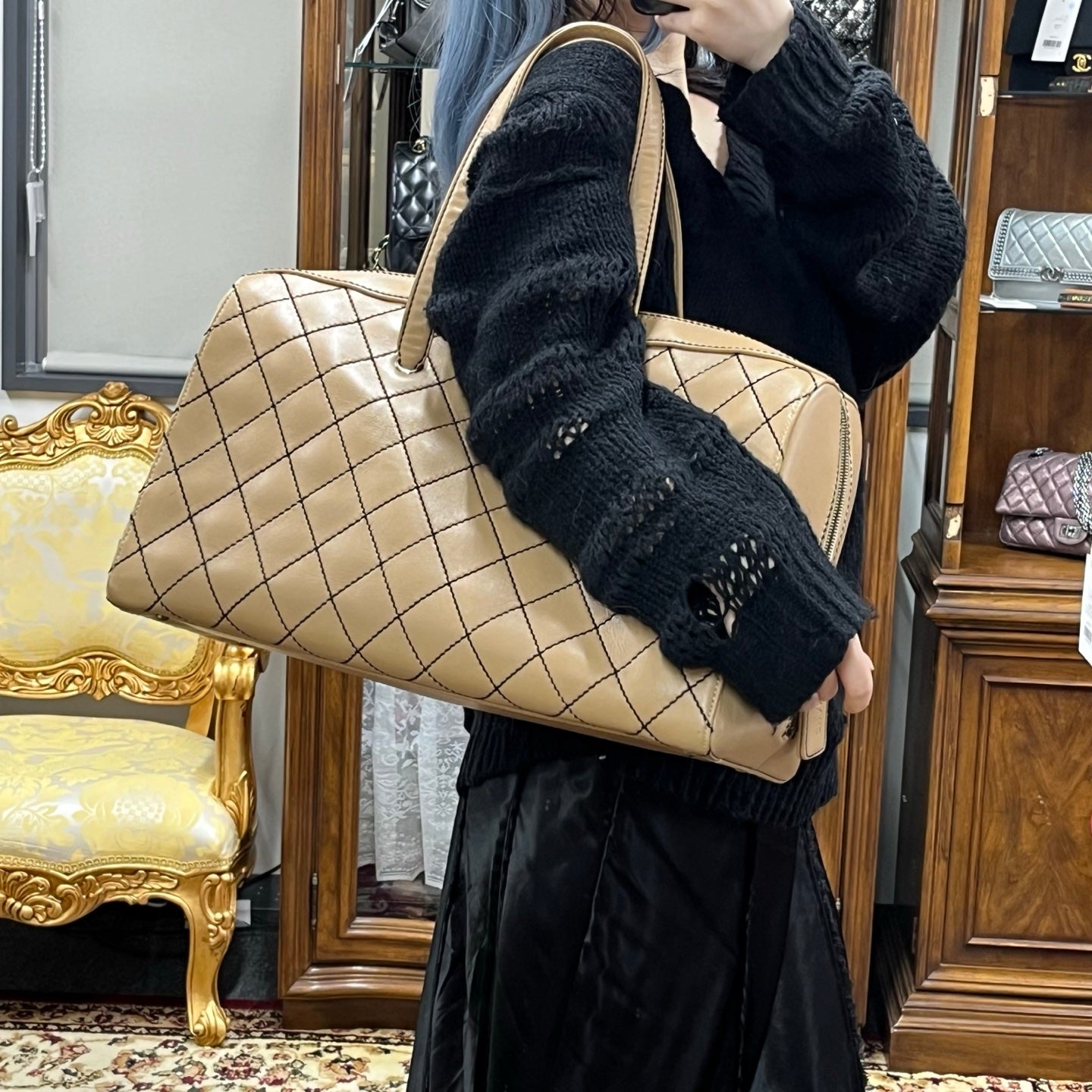 Chanel Beige Quilted Leather Contrast Stitch Boston Travel Bag [Used]