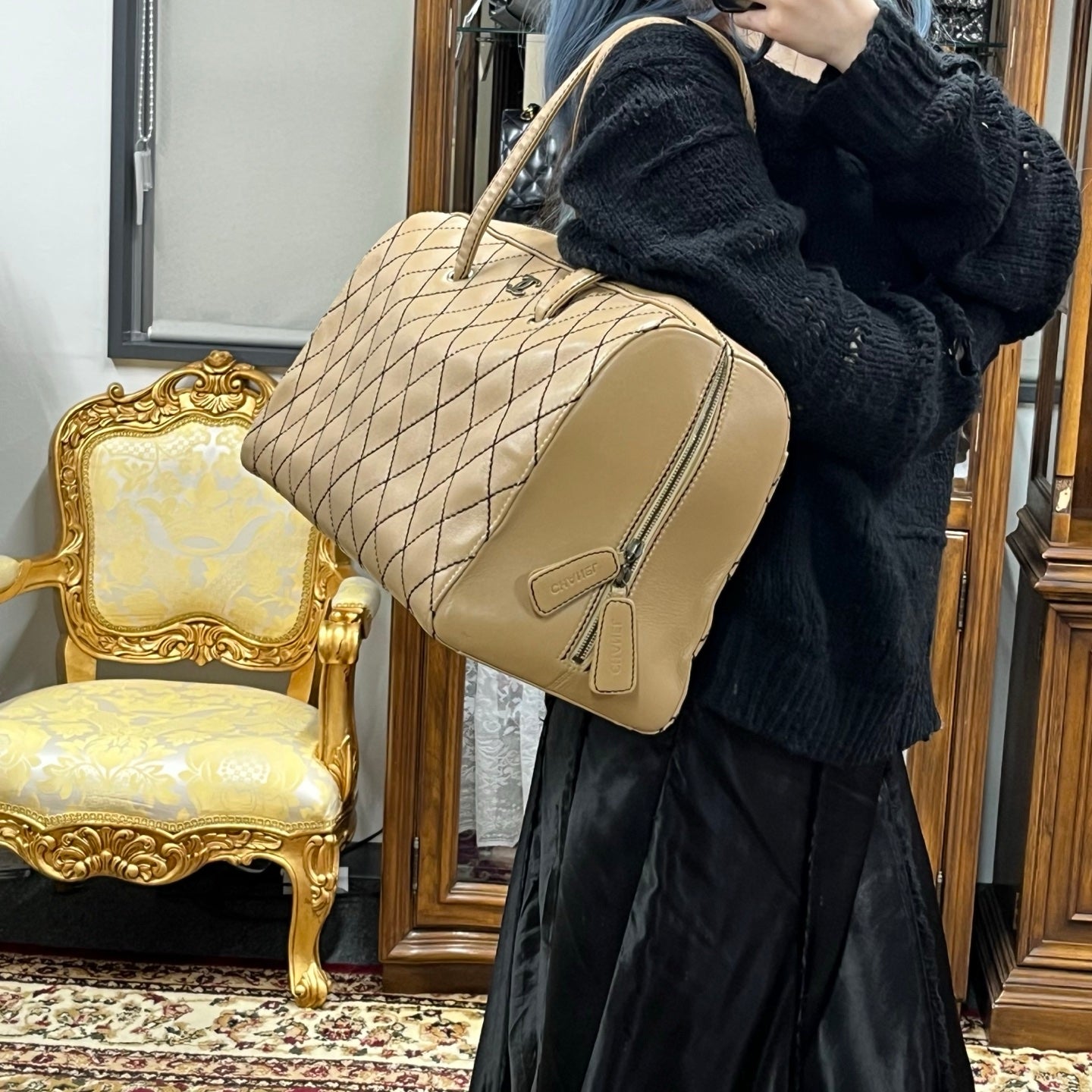 Chanel Beige Quilted Leather Contrast Stitch Boston Travel Bag [Used]