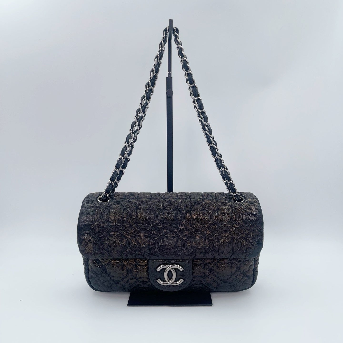 Chanel Paris-Moscow Limited Edition Black Patent Camellia Embossed Flap Chain Backpack [Used]
