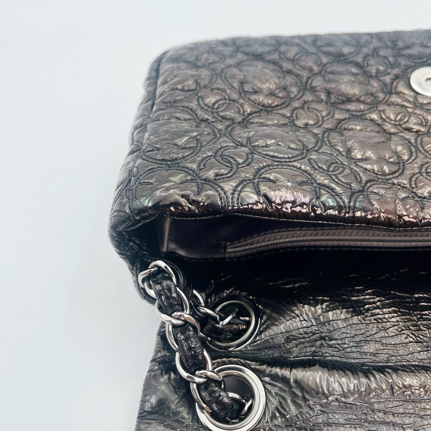 Chanel Paris-Moscow Limited Edition Black Patent Camellia Embossed Flap Chain Backpack [Used]