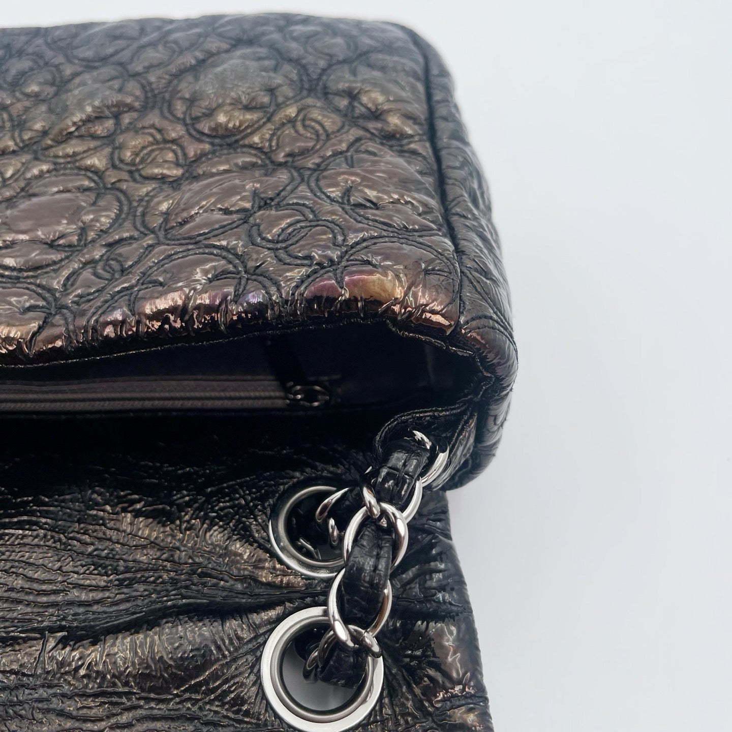 Chanel Paris-Moscow Limited Edition Black Patent Camellia Embossed Flap Chain Backpack [Used]
