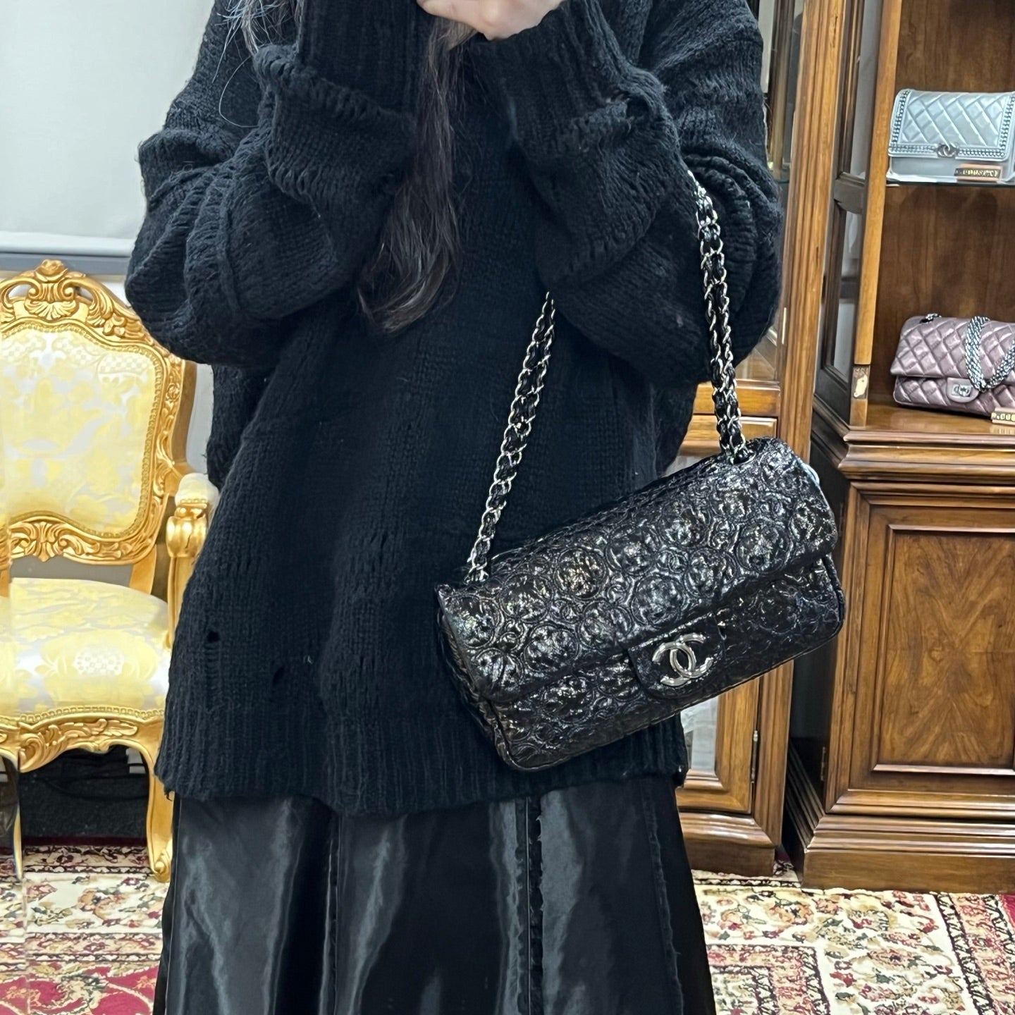Chanel Paris-Moscow Limited Edition Black Patent Camellia Embossed Flap Chain Backpack [Used]