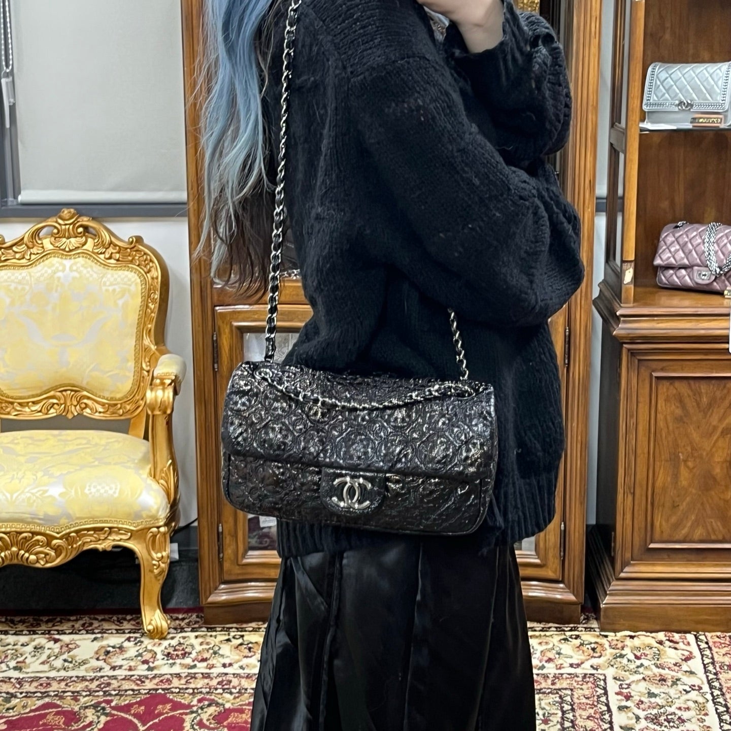 Chanel Paris-Moscow Limited Edition Black Patent Camellia Embossed Flap Chain Backpack [Used]