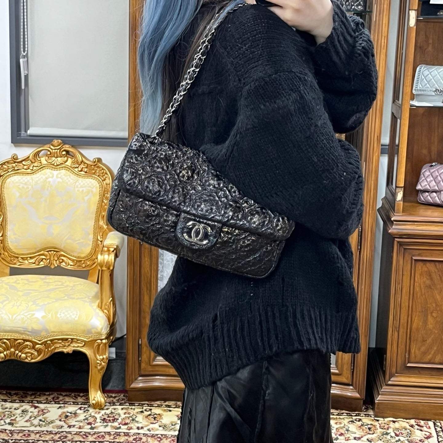 Chanel Paris-Moscow Limited Edition Black Patent Camellia Embossed Flap Chain Backpack [Used]