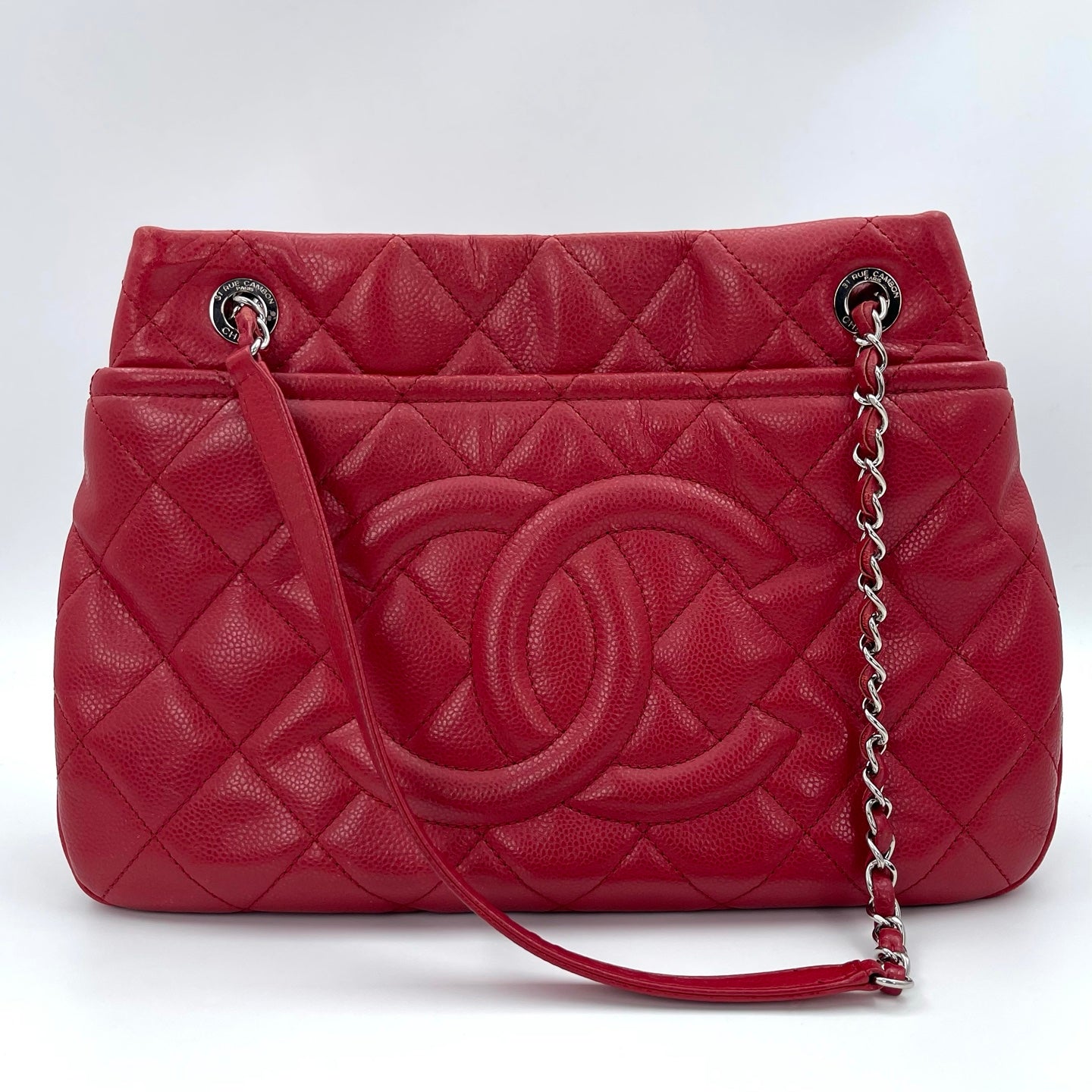 Chanel Red Caviar Leather Chain Tote Bag Silver Hardware [Used]
