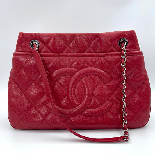 Chanel Red Caviar Leather Chain Tote Bag Silver Hardware [Used]