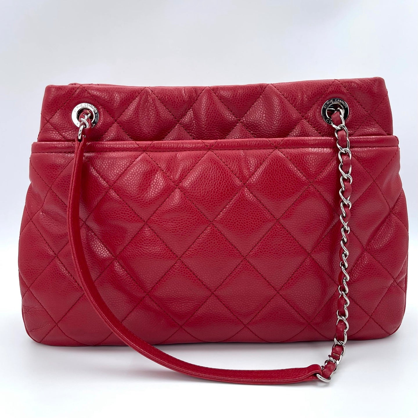 Chanel Red Caviar Leather Chain Tote Bag Silver Hardware [Used]