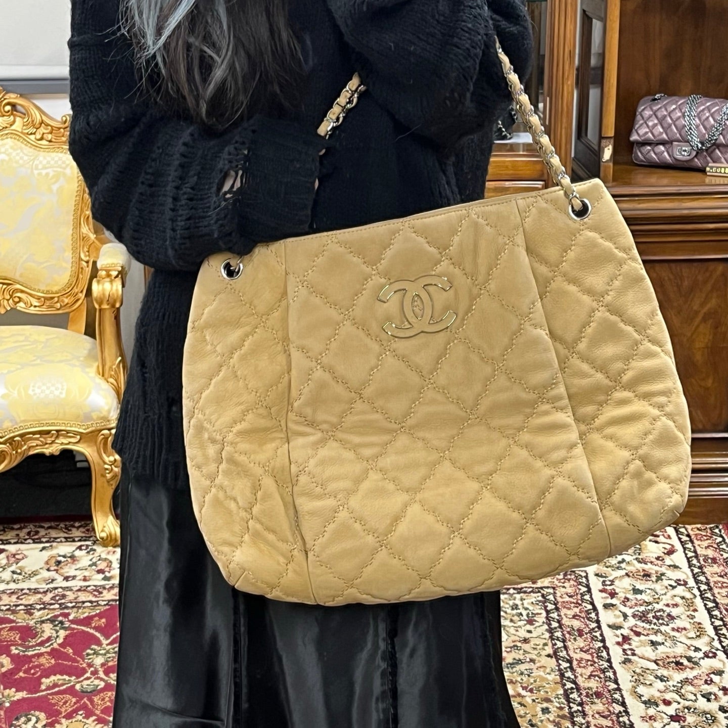 Chanel Oat Beige Calfskin Hobo Tote Bag [Used]