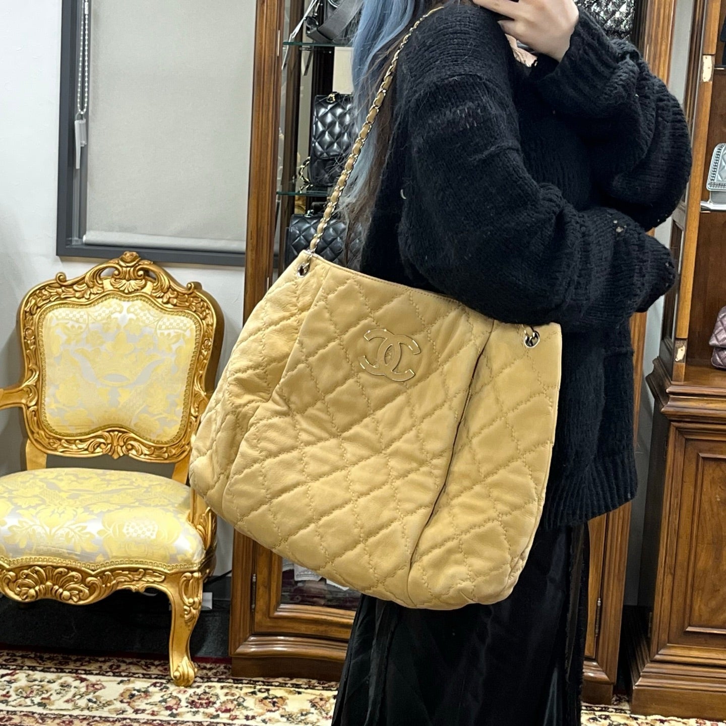 Chanel Oat Beige Calfskin Hobo Tote Bag [Used]