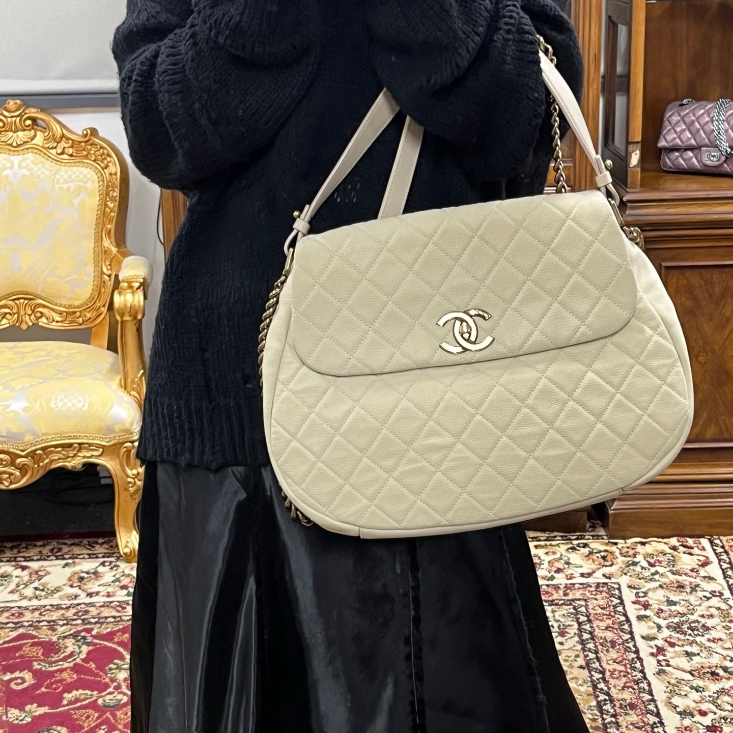 Chanel Cloud Tote Beige Calfskin Aged Gold CC 2Way Large Tote [Used]