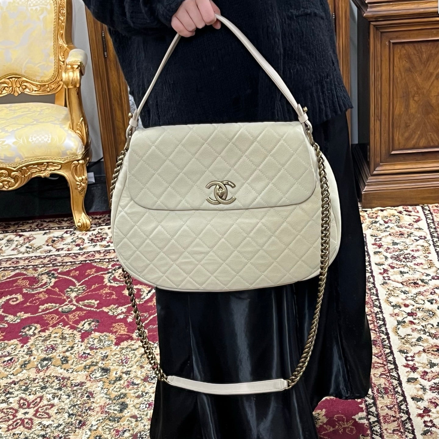 Chanel Cloud Tote Beige Calfskin Aged Gold CC 2Way Large Tote [Used]