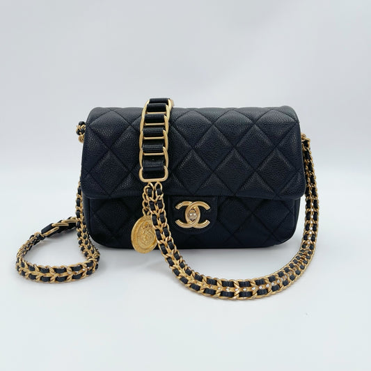 Chanel Classic Flap Black Caviar Leather Gold CC Coin Charm Square Mini Bag [Used]