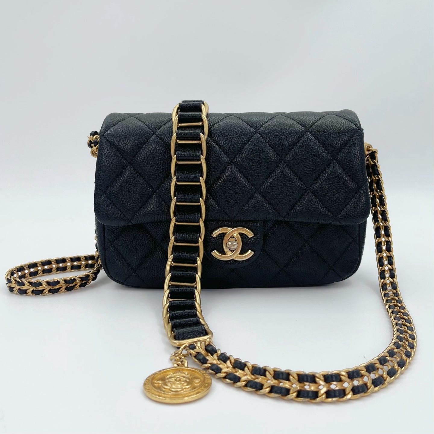 Chanel Classic Flap Black Caviar Leather Gold CC Coin Charm Square Mini Bag [Used]