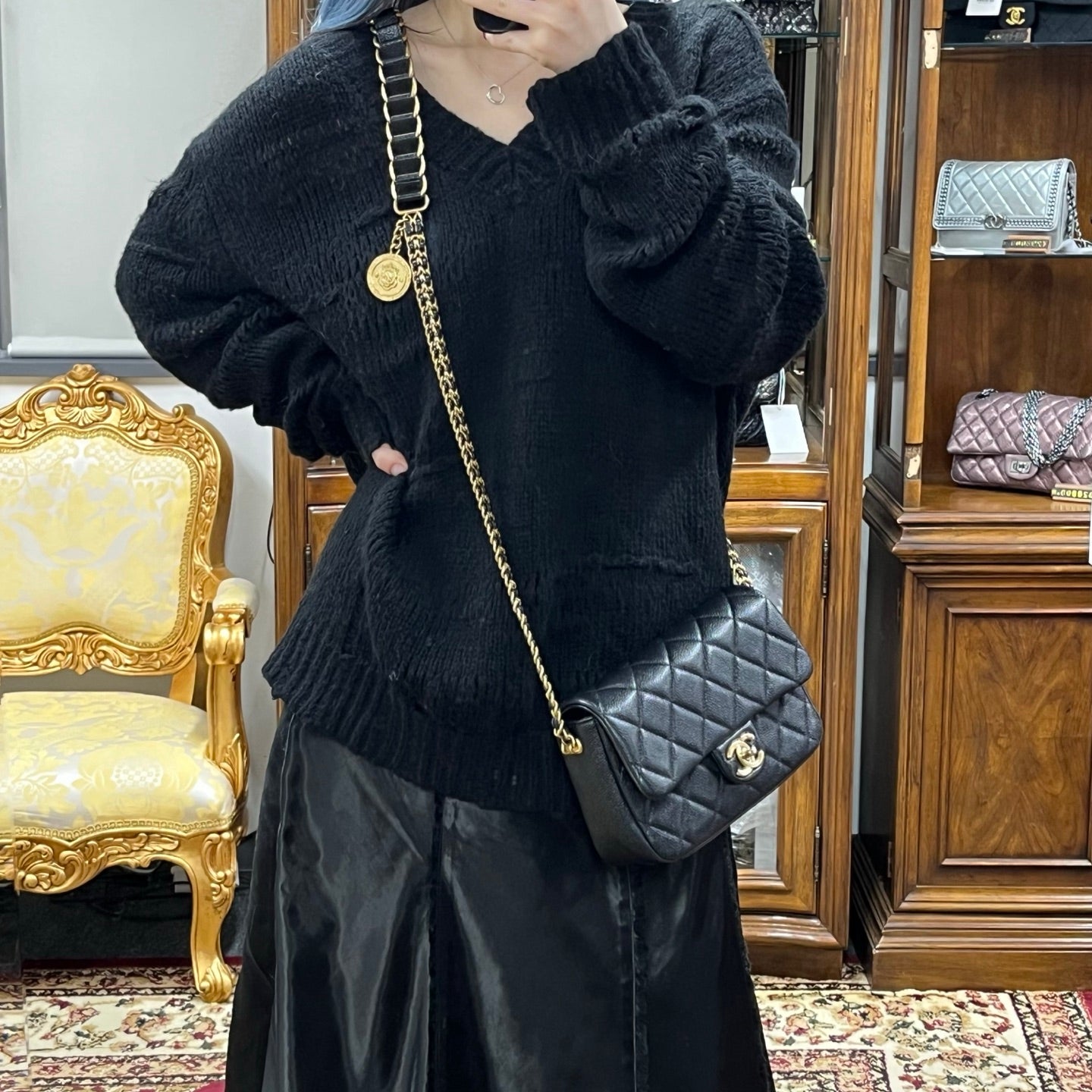 Chanel Classic Flap Black Caviar Leather Gold CC Coin Charm Square Mini Bag [Used]