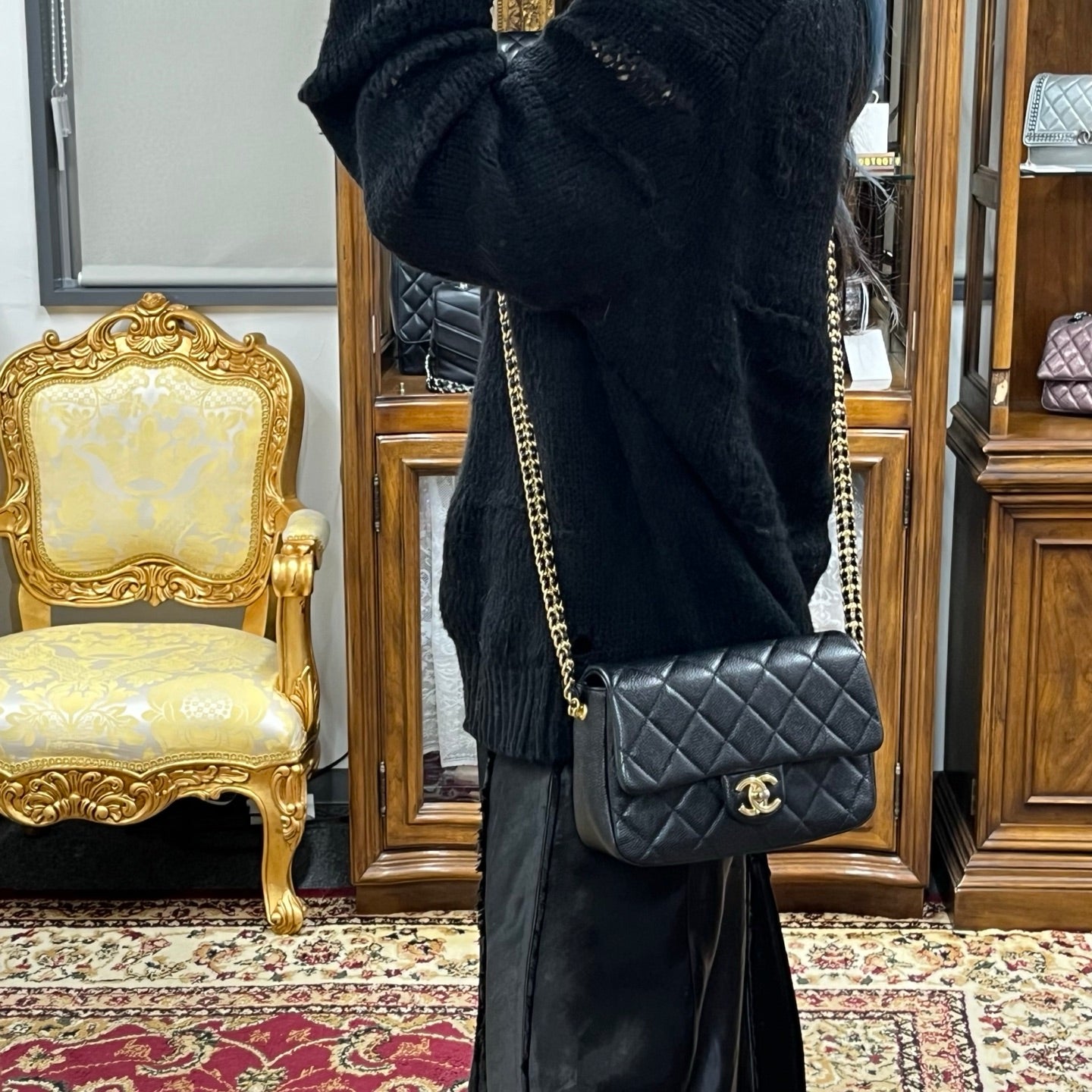 Chanel Classic Flap Black Caviar Leather Gold CC Coin Charm Square Mini Bag [Used]