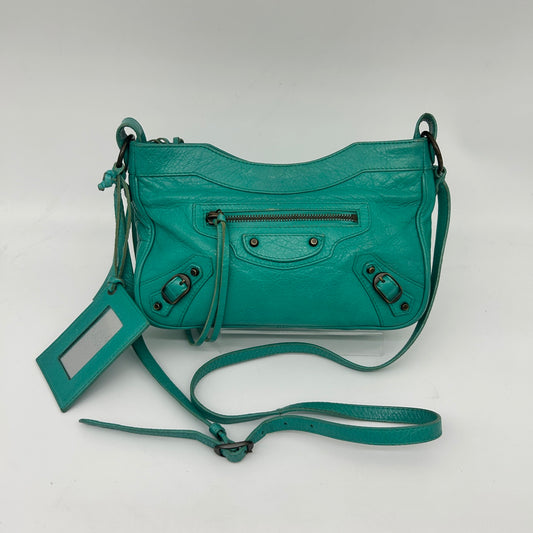 Balenciaga Teal Blue Crinkled Leather Crossbody Bag [Used]