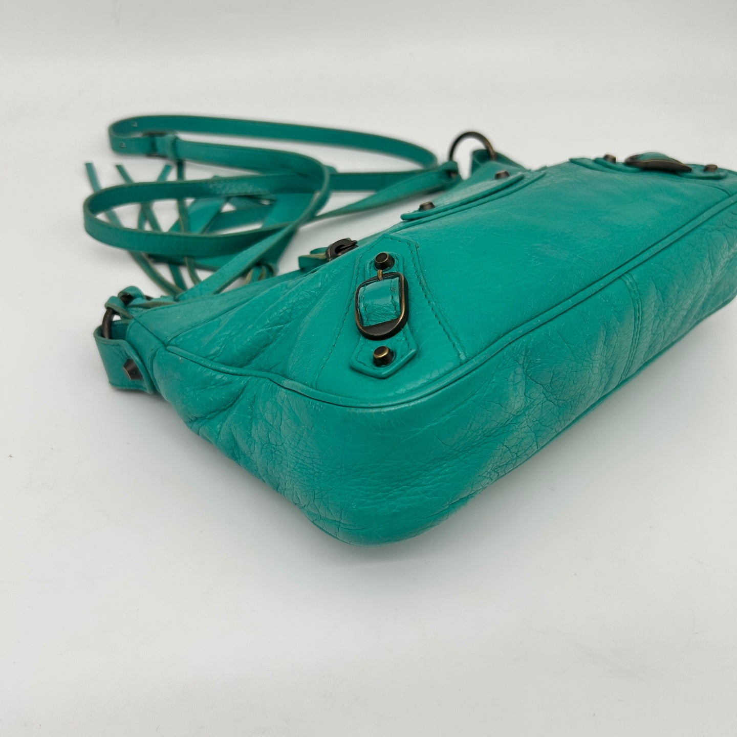 Balenciaga Teal Blue Crinkled Leather Crossbody Bag [Used]