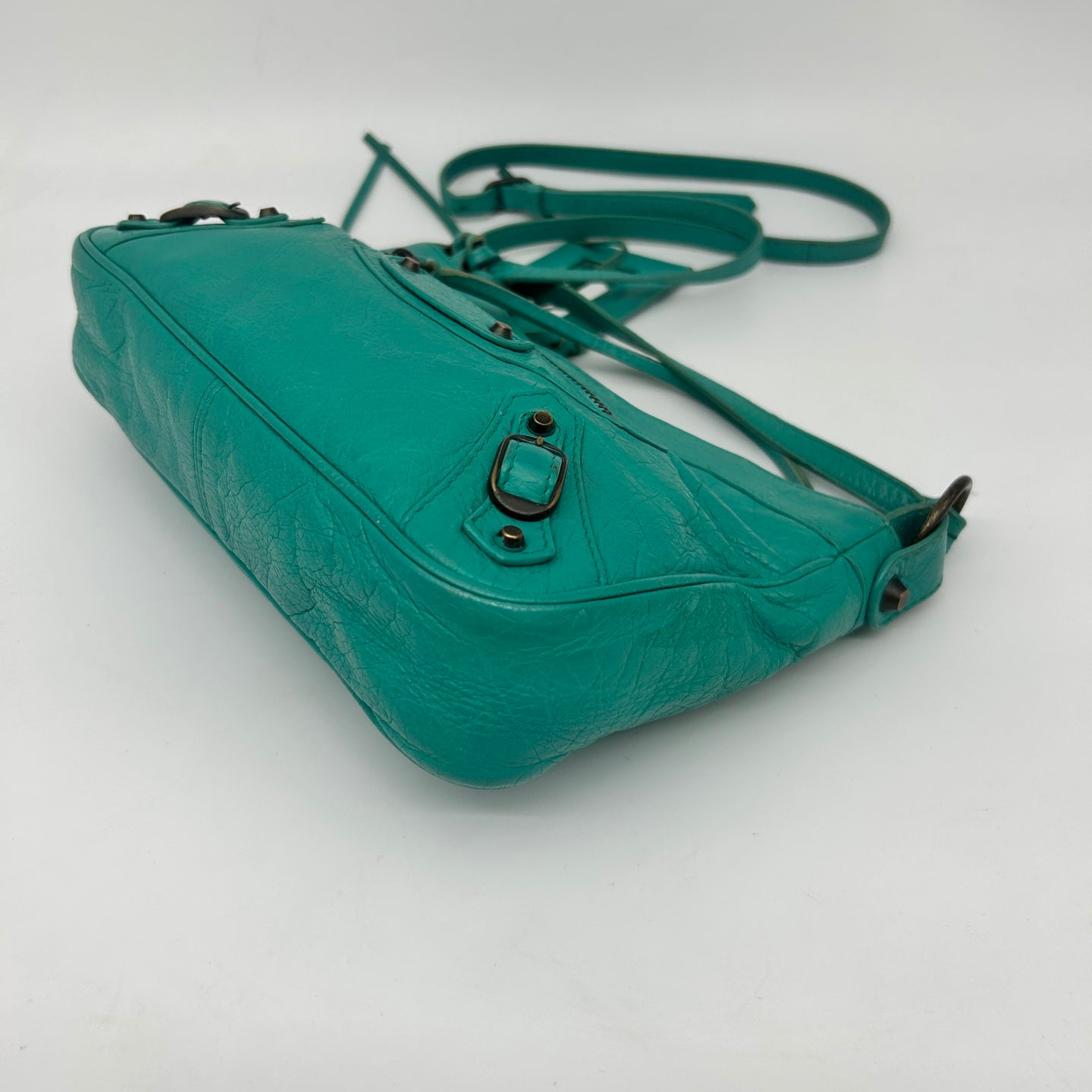 Balenciaga Teal Blue Crinkled Leather Crossbody Bag [Used]