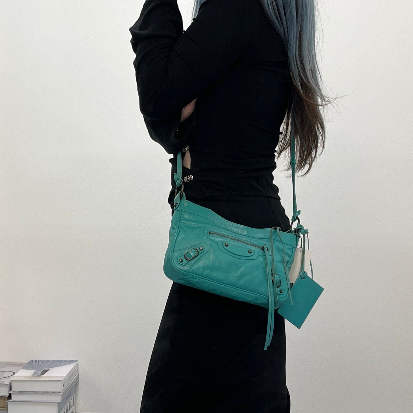 Balenciaga Teal Blue Crinkled Leather Crossbody Bag [Used]
