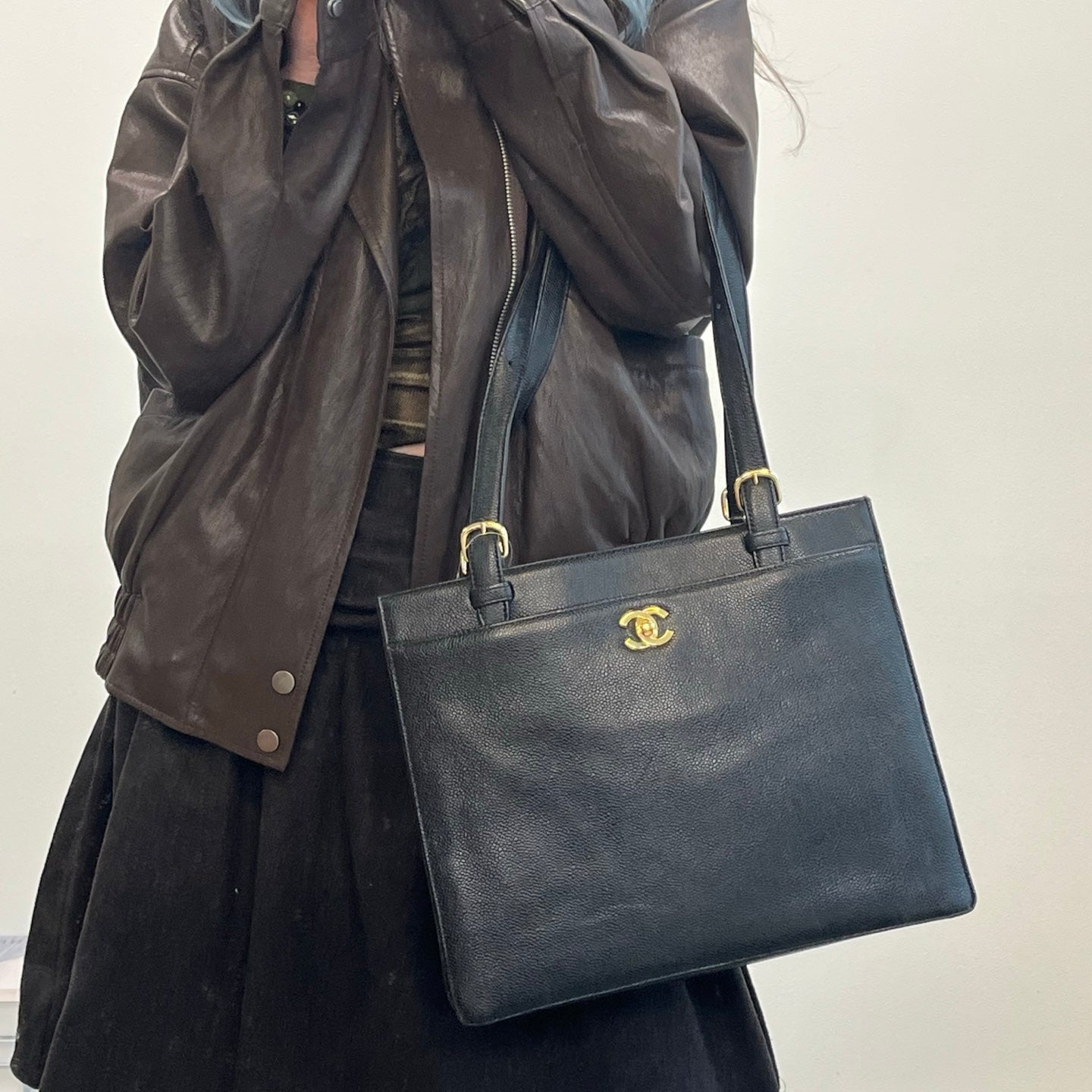 Chanel Black Calfskin Shoulder Tote Bag  [Used]