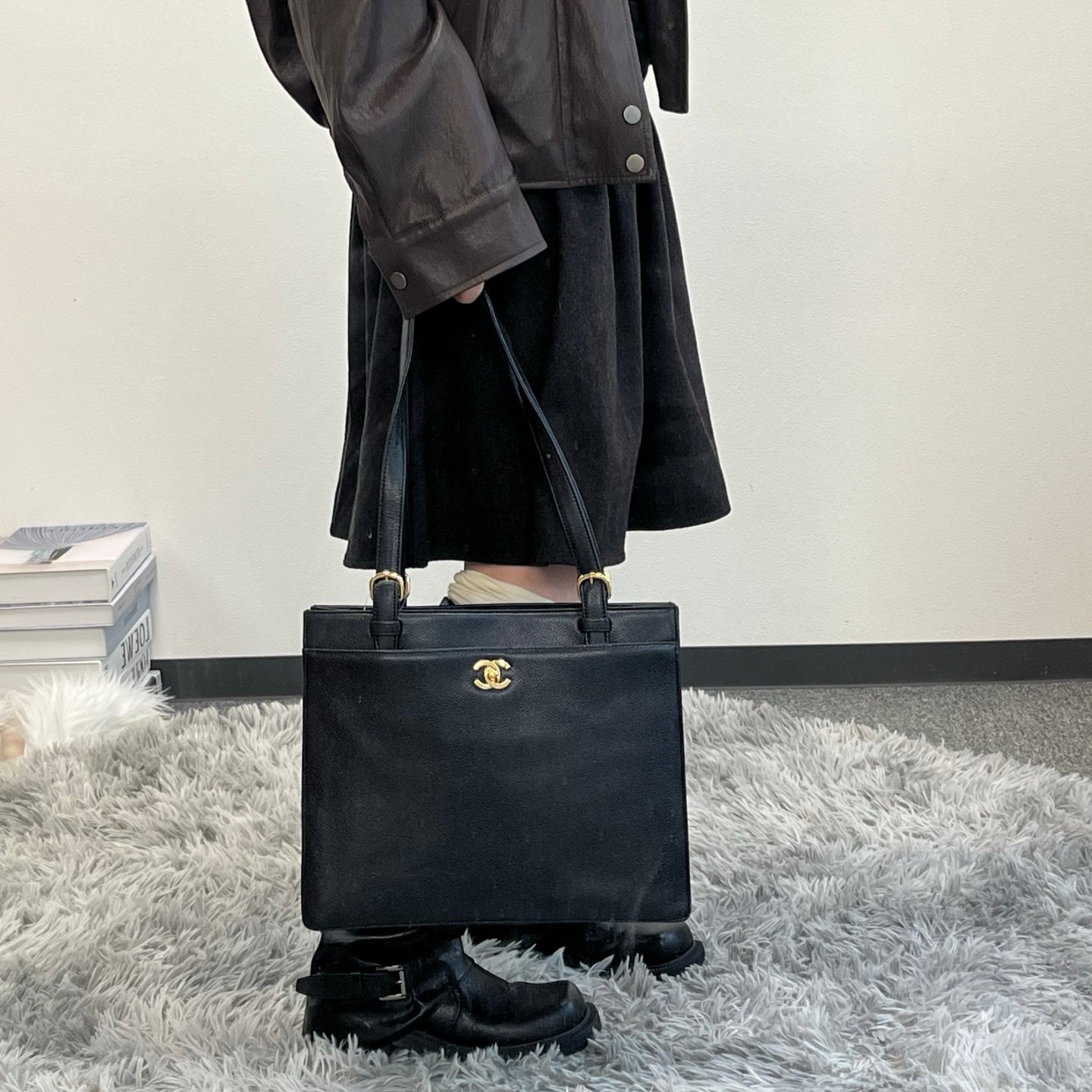 Chanel Black Calfskin Shoulder Tote Bag  [Used]