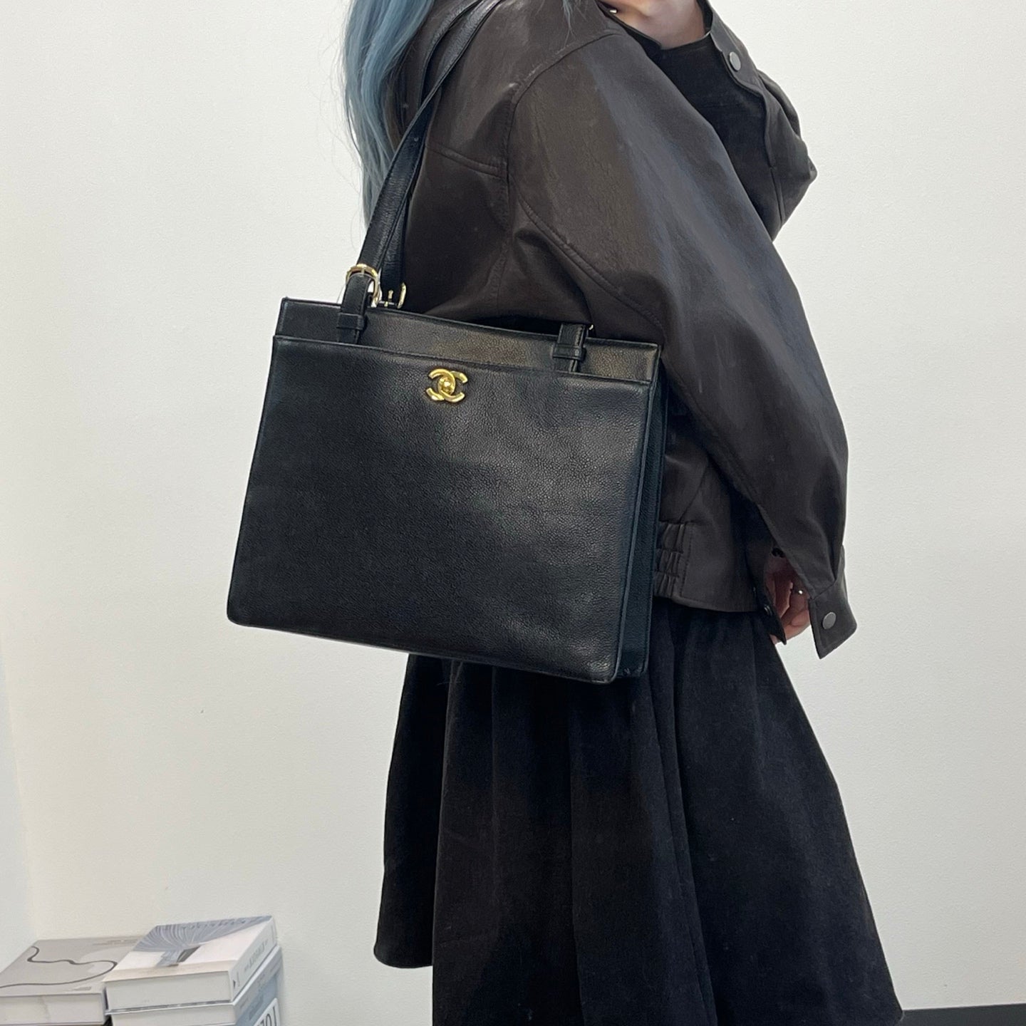Chanel Black Calfskin Shoulder Tote Bag  [Used]