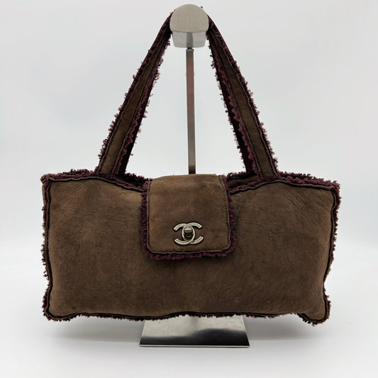 Chanel Brown Suede Shearling Trim Small Shoulder Tote Bag [Used]