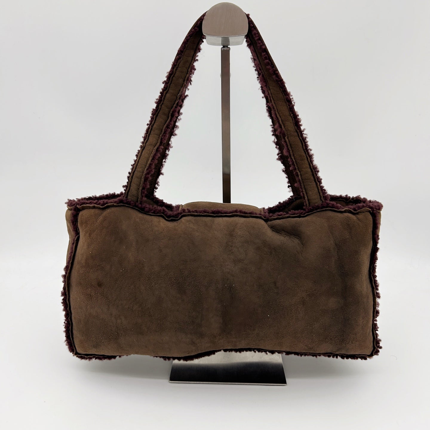 Chanel Brown Suede Shearling Trim Small Shoulder Tote Bag [Used]