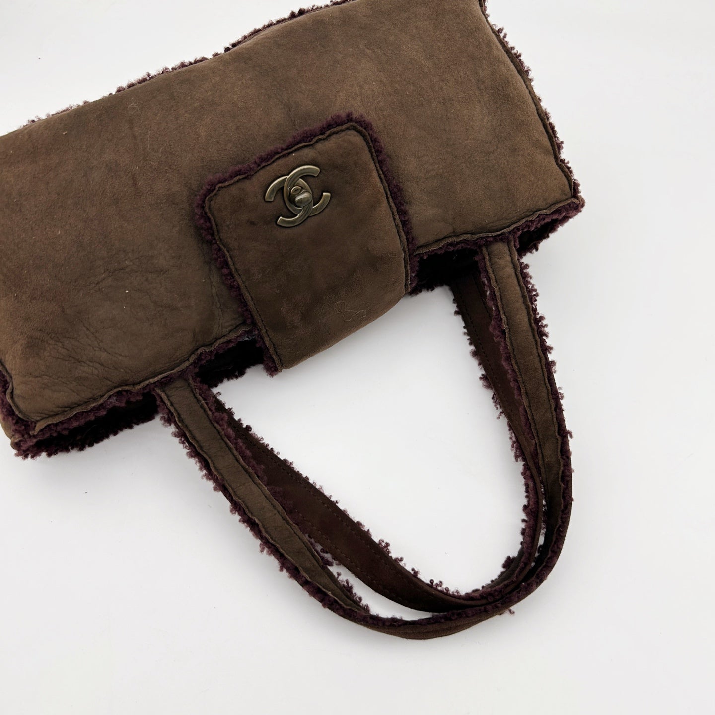 Chanel Brown Suede Shearling Trim Small Shoulder Tote Bag [Used]