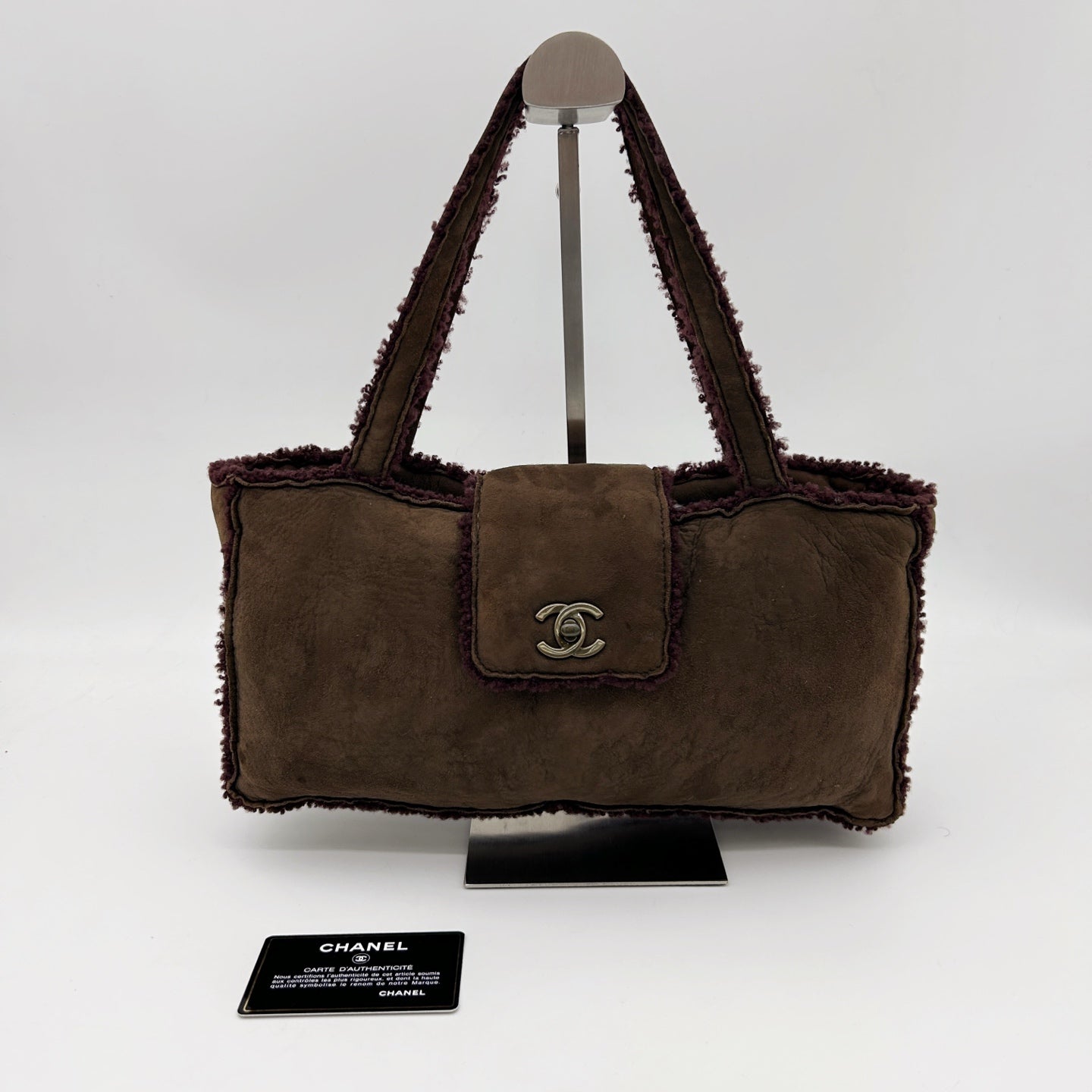Chanel Brown Suede Shearling Trim Small Shoulder Tote Bag [Used]