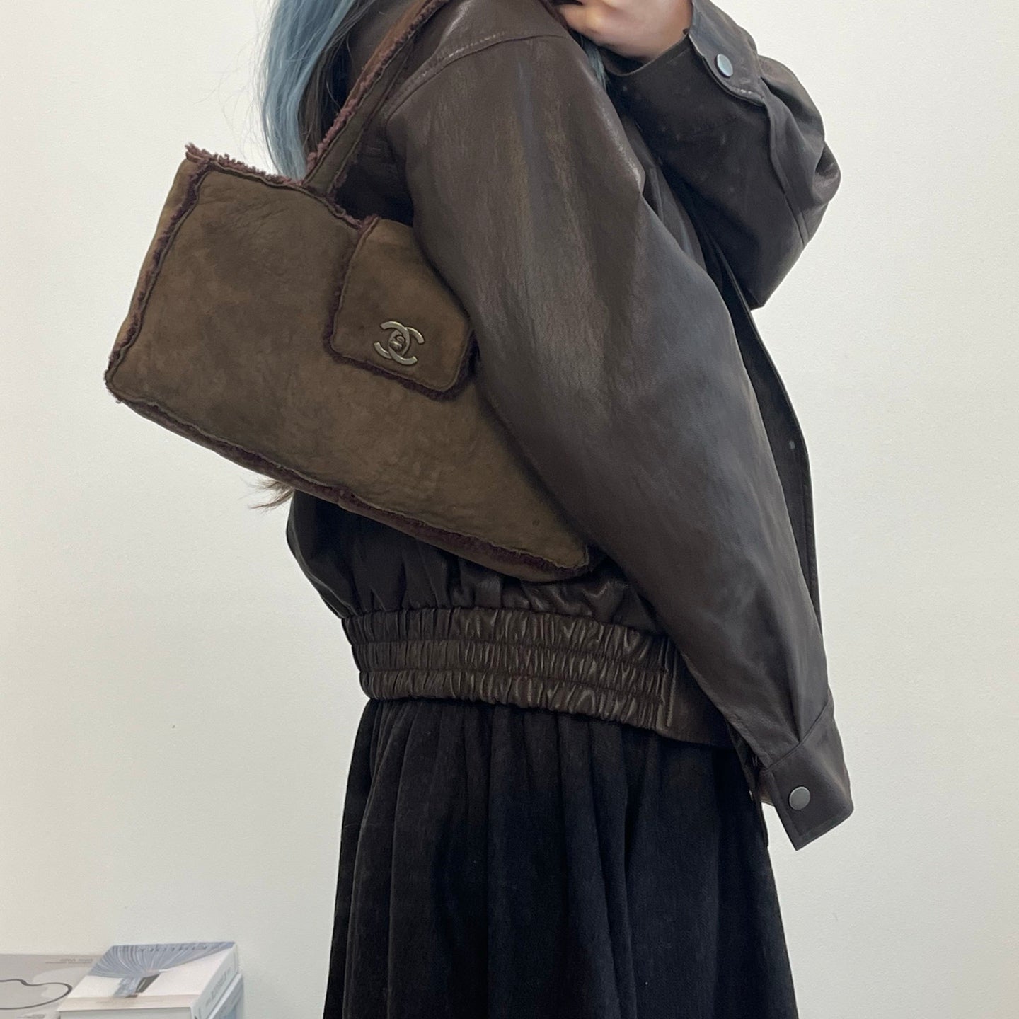 Chanel Brown Suede Shearling Trim Small Shoulder Tote Bag [Used]