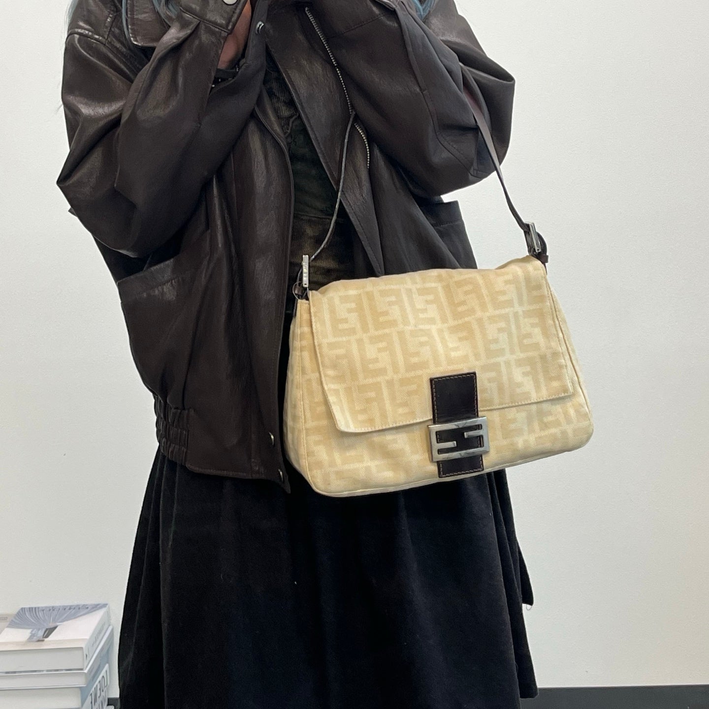 Fendi Baguette Large Beige Zucca Fabric Shoulder Bag [Used]