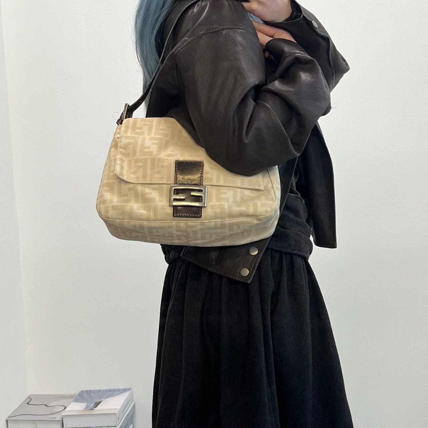 Fendi Baguette Large Beige Zucca Fabric Shoulder Bag [Used]