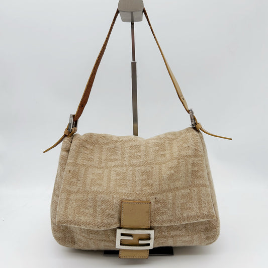 Fendi Baguette Large Beige Wool Zucca Shoulder Bag [Used]