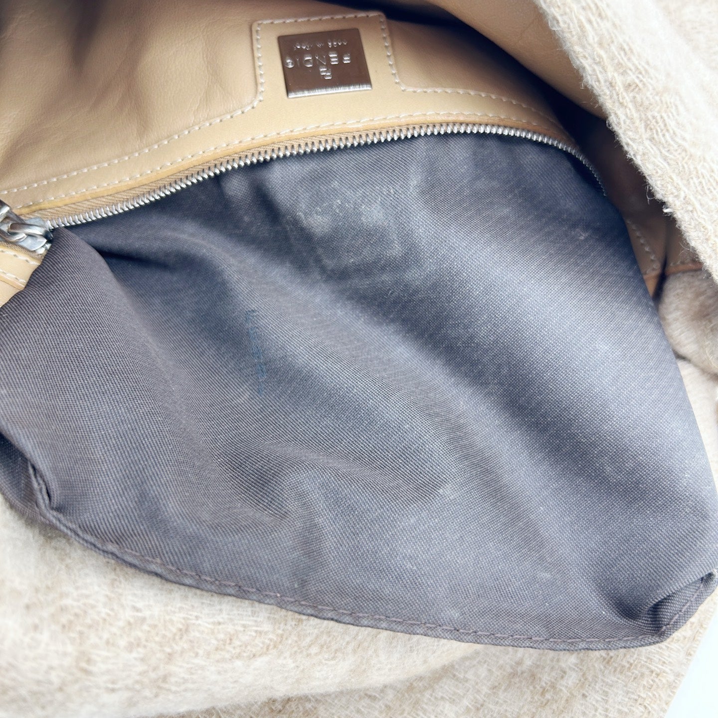 Fendi Baguette Large Beige Wool Zucca Shoulder Bag [Used]