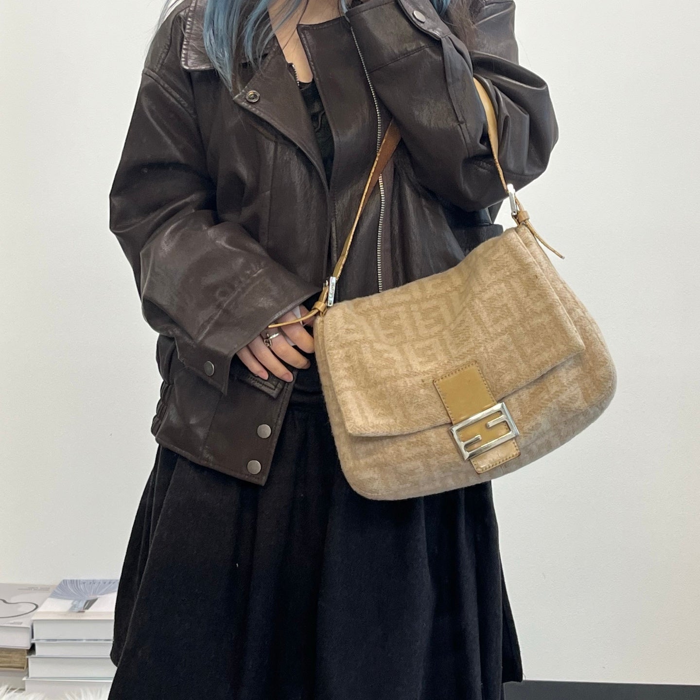 Fendi Baguette Large Beige Wool Zucca Shoulder Bag [Used]